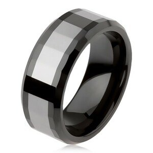 Lesklý volfrámový prsteň, dvojfarebný, geometricky brúsený povrch - Veľkosť: 54 mm