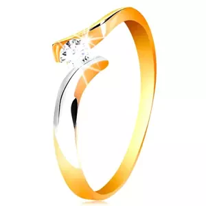Zlatý prsteň 585 - okrúhly číry zirkón, dvojfarebné a zvlnené ramená - Veľkosť: 52 mm