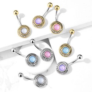 Piercing do pupka z ocele - vypuklý kruh s čírymi kryštálmi a farebným epoxidovým kameňom - Farba piercing: Strieborná - fialová