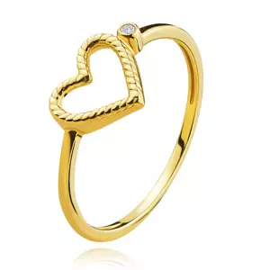 Prsteň zo žltého 585 zlata - vrúbkované srdce, okrúhly zirkón - Veľkosť: 58 mm