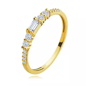 Zlatý 585 prsteň zo žltého zlata - obdĺžnikový a okrúhle číre zirkóny - Veľkosť: 49 mm