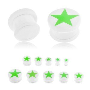 Plug do ucha z akrylu bielej farby, zelená päťcípa hviezda žiariaca v tme, gumička - Hrúbka: 8 mm