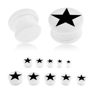 Akrylový plug bielej farby do ucha, čierna päťcípa hviezda, priehľadná gumička - Hrúbka: 18 mm