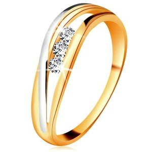 Briliantový prsteň zo 14K zlata, zvlnené dvojfarebné línie ramien, tri číre diamanty - Veľkosť: 55 mm