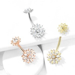 Oceľový piercing do pupku, kvety, číre zirkóny, rôzne variácie, ródiovaný - Farba piercing: Zlatá