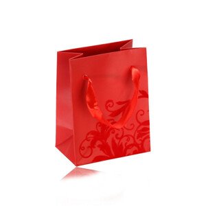 Malá papierová taštička na darček, matný povrch v červenom odtieni, zamatový ornament